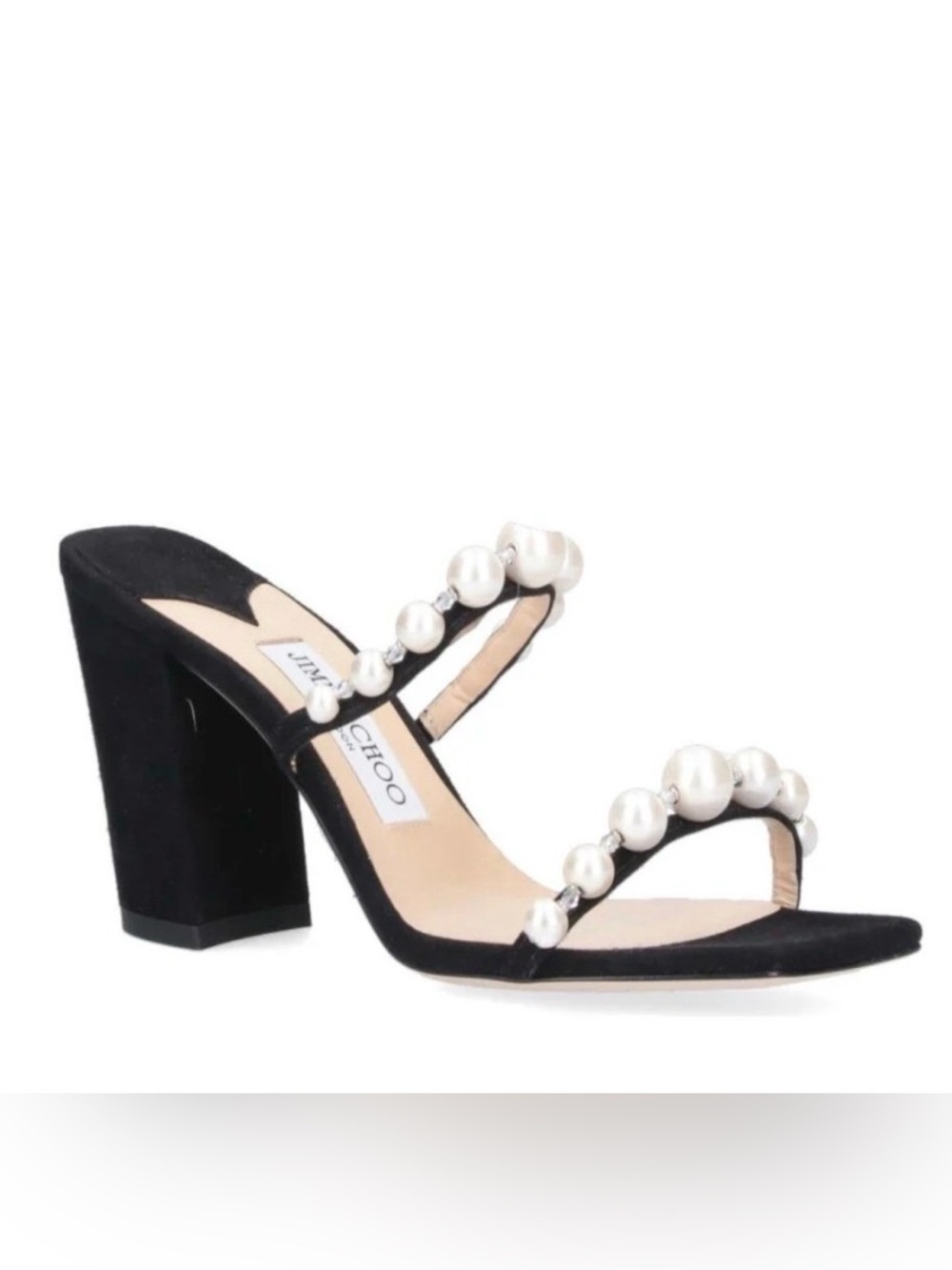Jimmy Choo Sandals Amara 85 Black Suede Pearl  Block Heel‎ Size 40/US 10